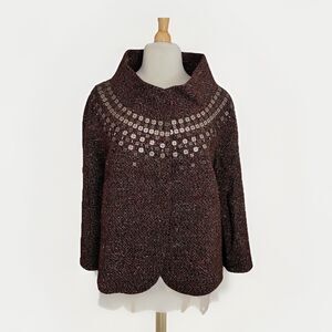 Ellen Tracy Tweed Blazer Jacket Brad Embellished Neckline Size 8 Wool Blend